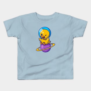Cute Duck Astronaut Sitting On Planet Cartoon Kids T-Shirt